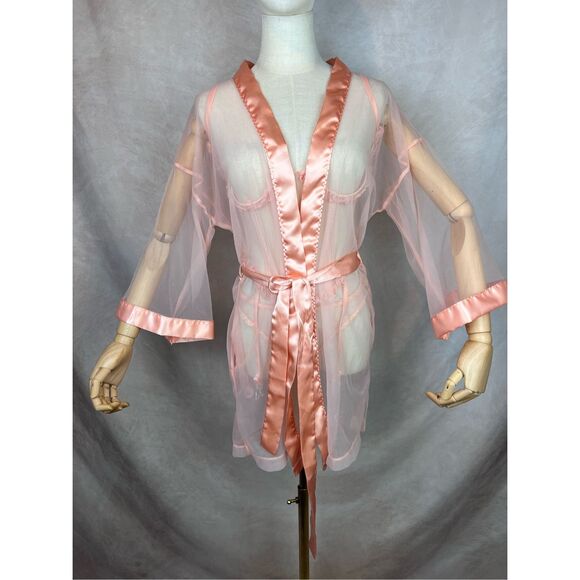 Vintage Under Bust Corset Lingerie Set 4pc Sheer Pink Ruffle Robe 90s RARE XS S - Picture 9 of 10